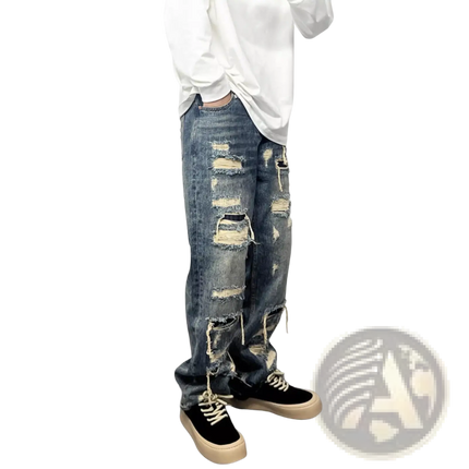 Men's Light Blue Distressed Ripped Patch Denim Jeans
