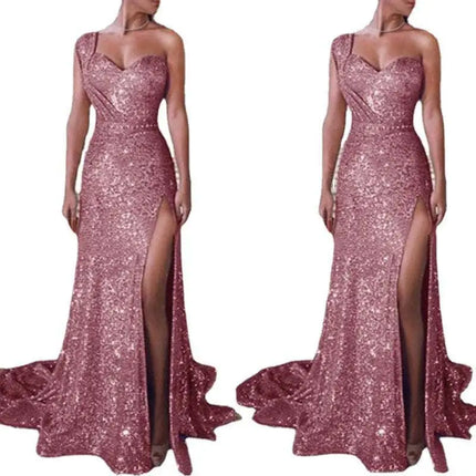 One Shoulder Sleeveless Bronzing Split Dress