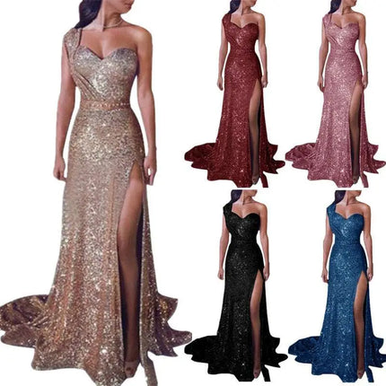 One Shoulder Sleeveless Bronzing Split Dress