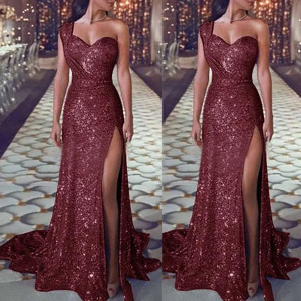 One Shoulder Sleeveless Bronzing Split Dress