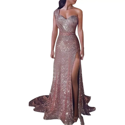 One Shoulder Sleeveless Bronzing Split Dress