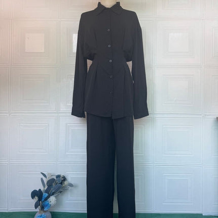 Peplum Shirt & Wide-Leg Trousers Co-ord Set(MS481)