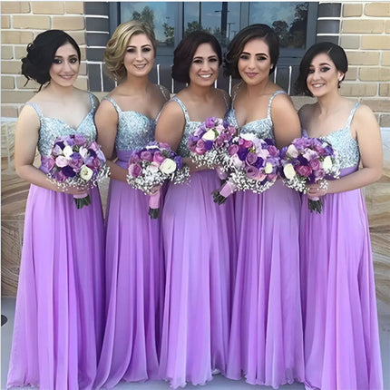 Purple Sequin Chiffon Bridesmaid Dress Long