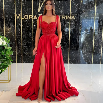 Red Beaded Satin Temperament Long Banquet Evening Dress