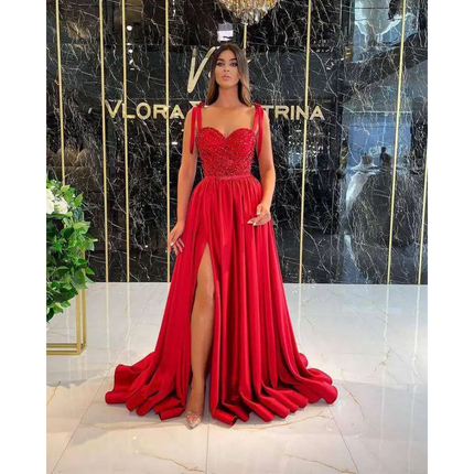 Red Beaded Satin Temperament Long Banquet Evening Dress