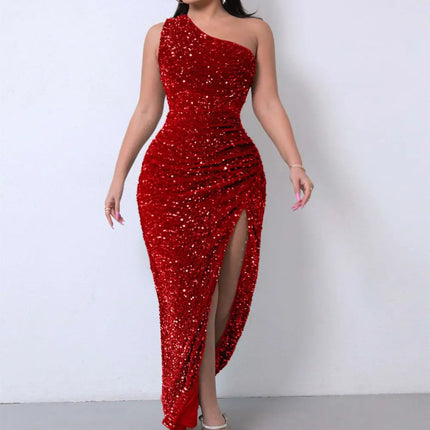 Red One Shoulder Slash Neck Sequins Slit Dress