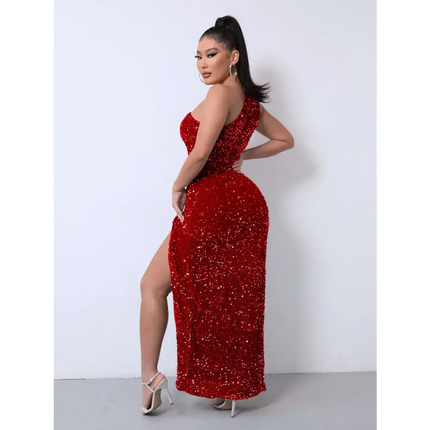 Red One Shoulder Slash Neck Sequins Slit Dress