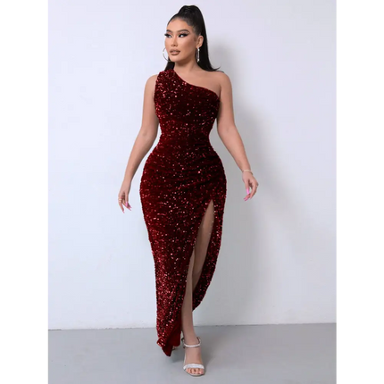 Red One Shoulder Slash Neck Sequins Slit Dress