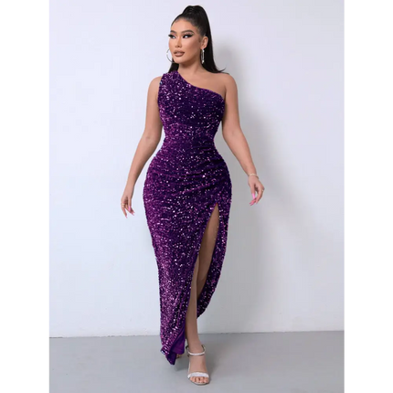Red One Shoulder Slash Neck Sequins Slit Dress