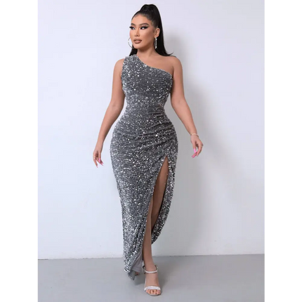 Red One Shoulder Slash Neck Sequins Slit Dress