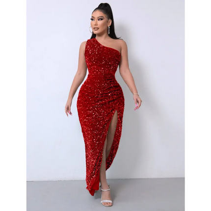 Red One Shoulder Slash Neck Sequins Slit Dress