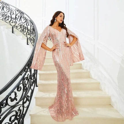Rose Gold Long Sleeve Sequined Fishtail Dress