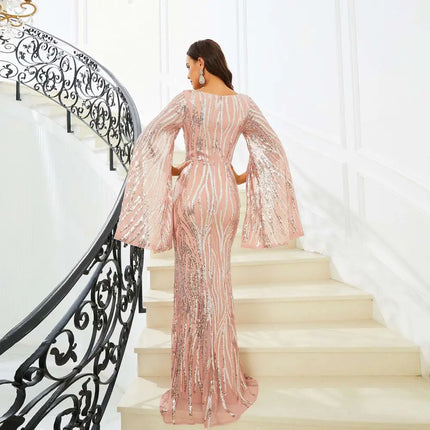 Rose Gold Long Sleeve Sequined Fishtail Dress