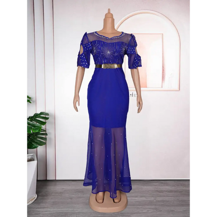 Royal Blue Heavy Embroidered Hot Diamond Beads Gown