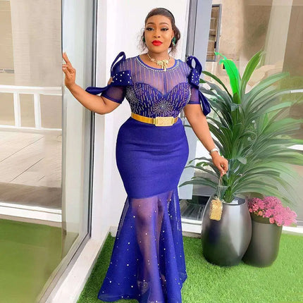 Royal Blue Heavy Embroidered Hot Diamond Beads Gown