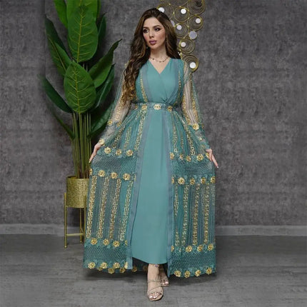 Teal Gold Embroidered Vest Dress Kraft Abaya