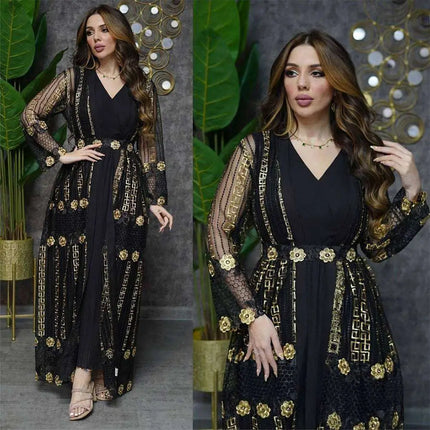 Teal Gold Embroidered Vest Dress Kraft Abaya
