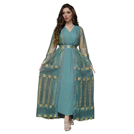Teal Gold Embroidered Vest Dress Kraft Abaya