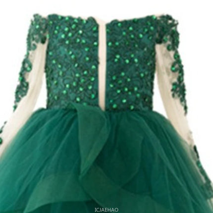 Party Dress New Lace Court Princess Costume Kids LongPerformance Ball Gown with Train Dresses Sleeve Flower Girl Wedding Gown
