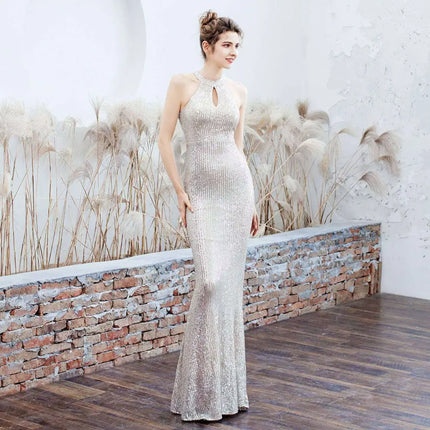 White Sequin Polyester Fiber Mermaid Evening Dress